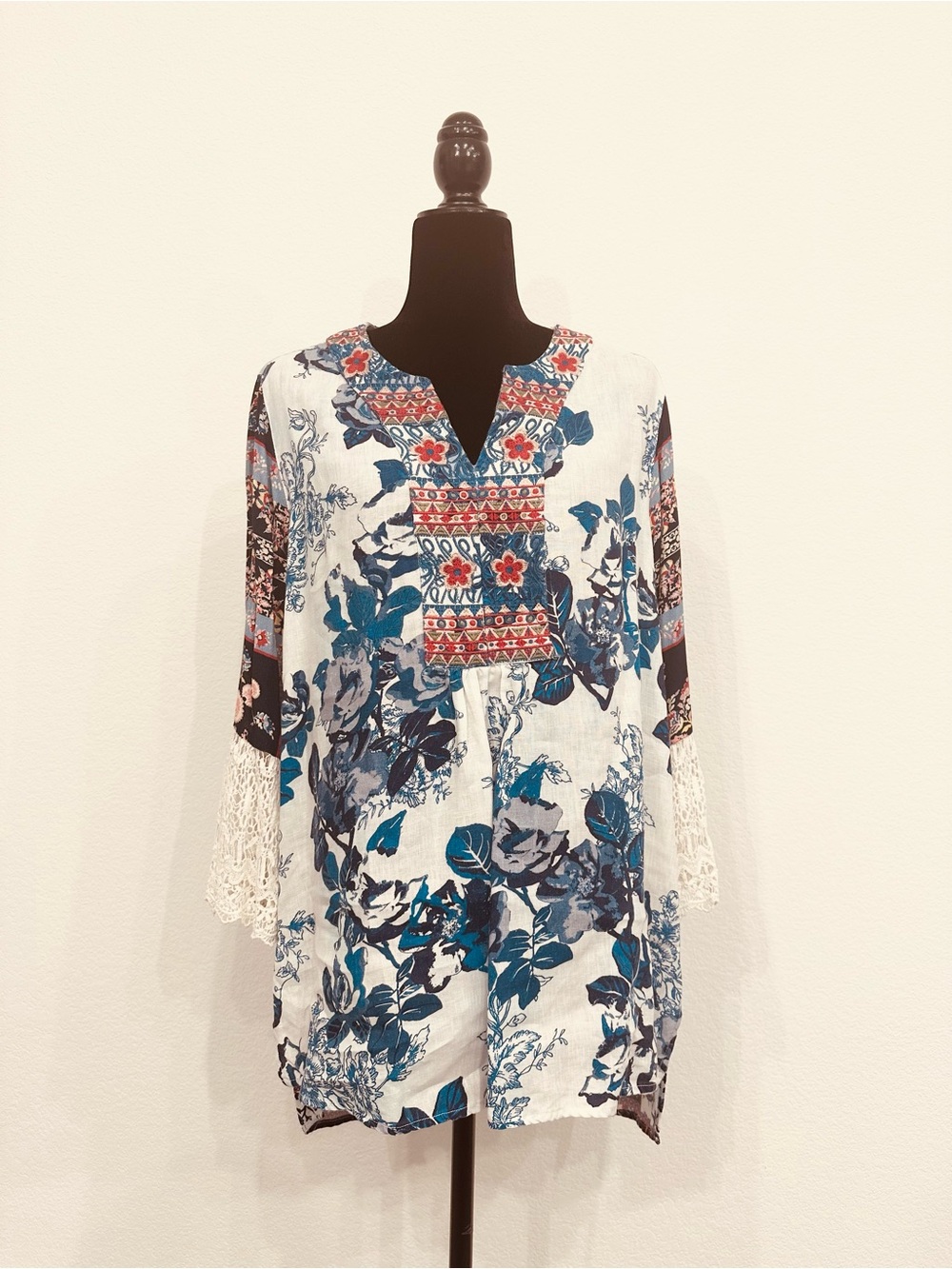 John Mark Blue Floral Embroidered Tunic with Lace Sleeves